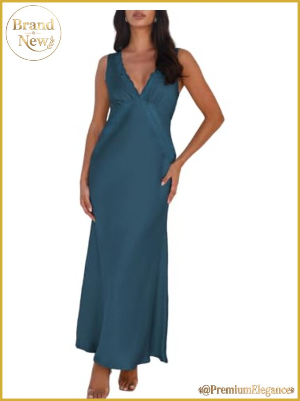 Satin Lace V Neck Backless Maxi Dress Sleeveless Formal Wedding Guest